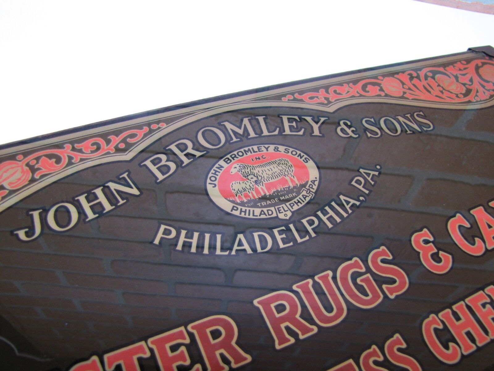Antique JOHN BROMLEY & SONS PHILADELPHIA RUGS & CARPETS Reverse on Glass Sign
