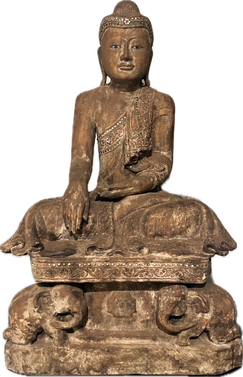 RARE LARGE ANTIQUE WOOD BURMA SITTING BUDDHA STATUE WITH ELEPHANTS 26
