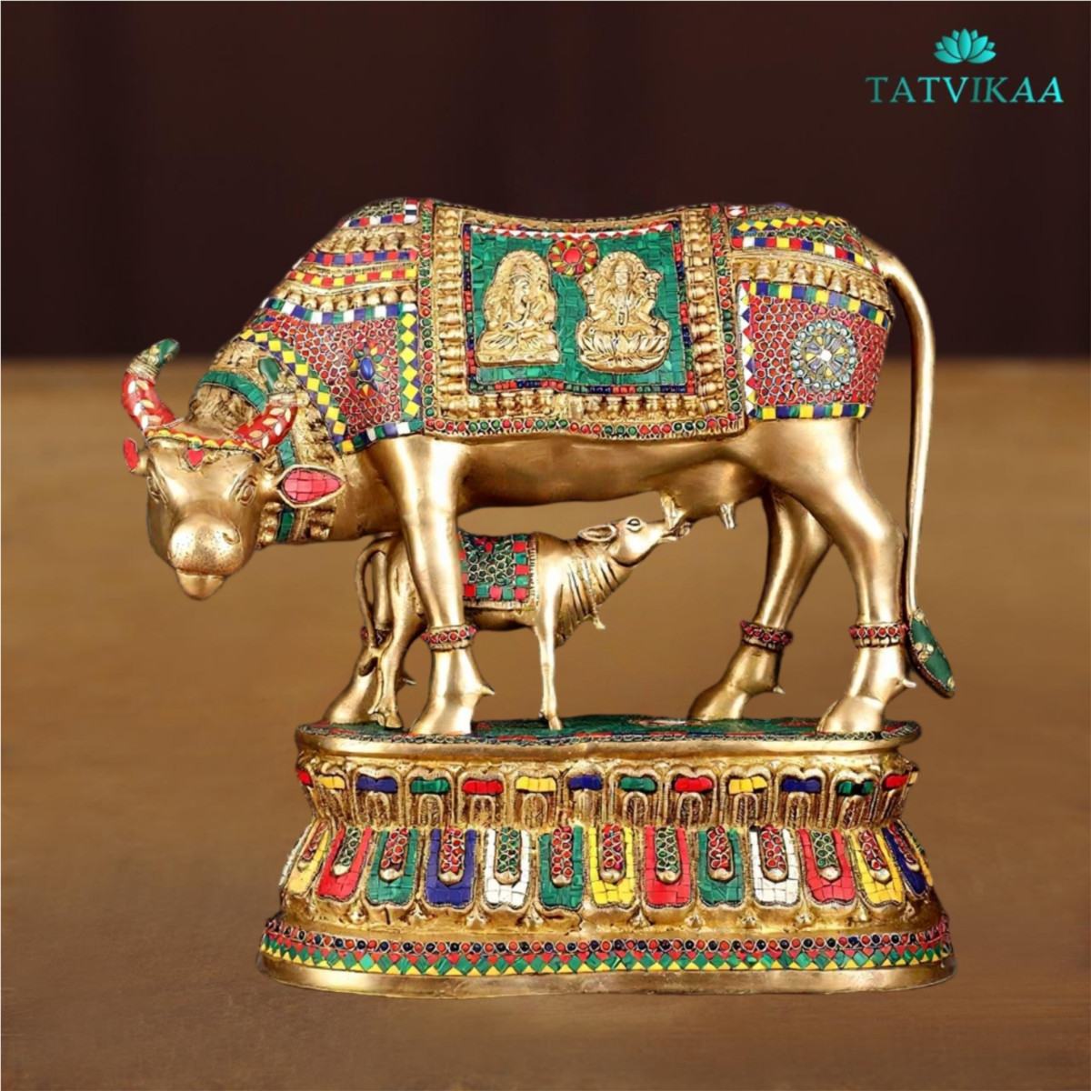 Kamadhenu Cow & Calf Brass Statue – Handcrafted Indian Sacred Art