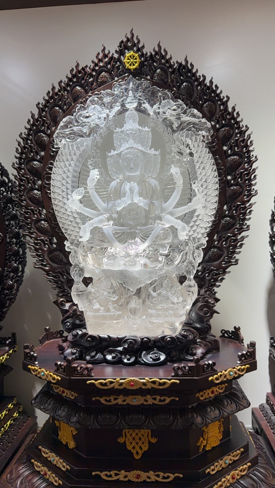 35.27LB Natural Clear Quartz Skull Healing Crystal Carved Thousand-Hand Kwan-yin