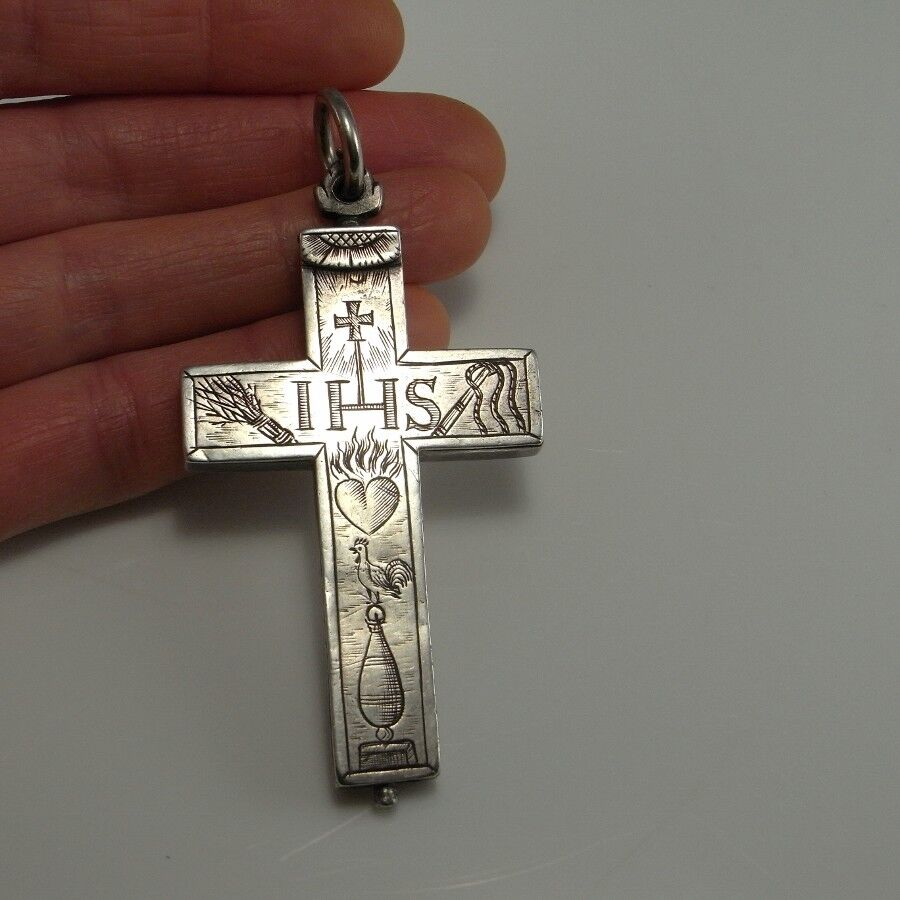 1600s RENAISSANCE SILVER RELIQUARY CROSS Passion of Christ Engraved