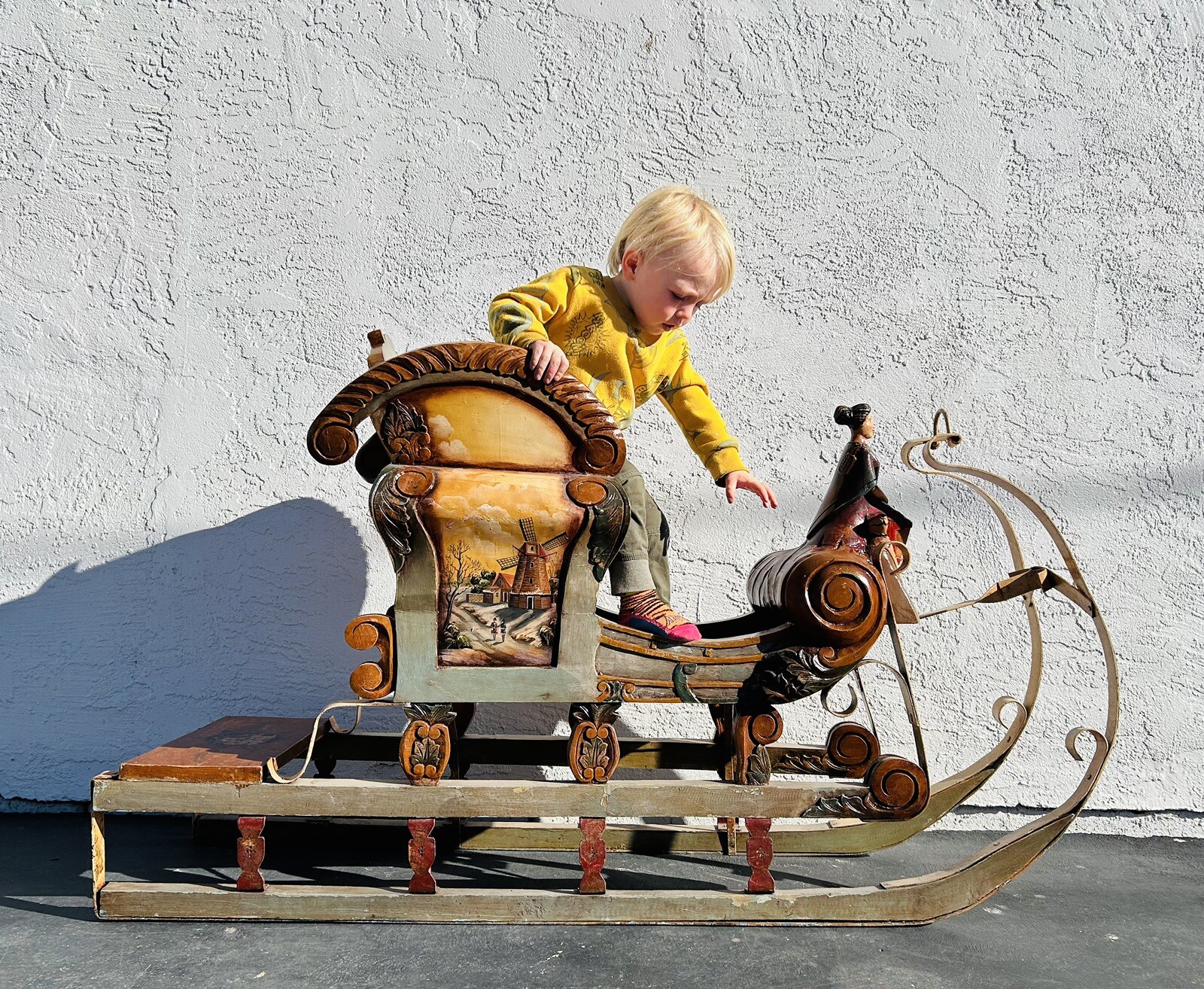 Full Size STUNNING Antique Austrian German Hand Carved Painted Wooden Sleigh