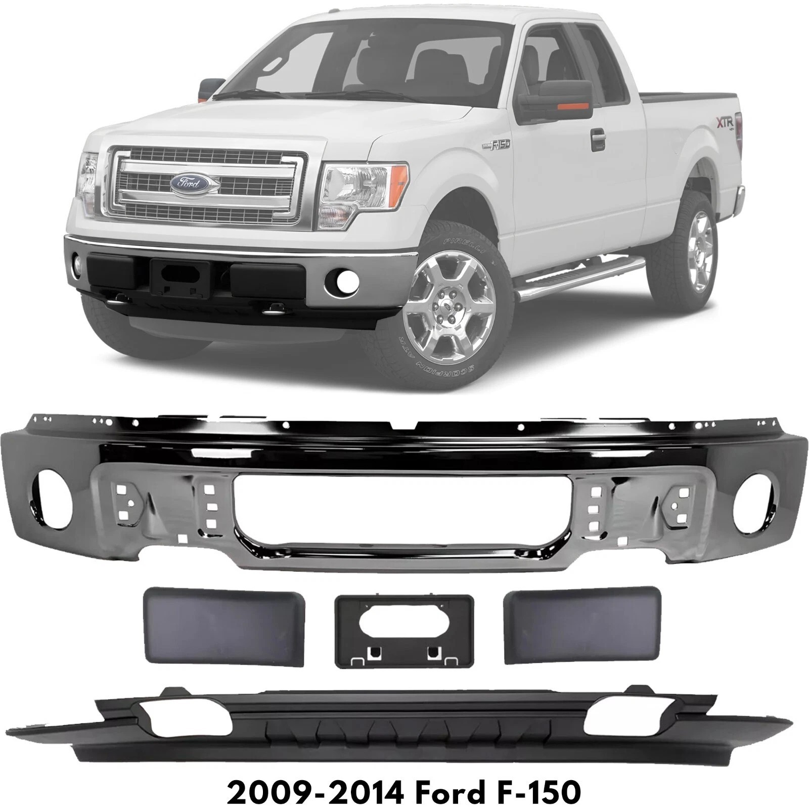 Front Bumper Chrome Steel & Valance Textured Black Kit For 2009-2014 Ford F-150