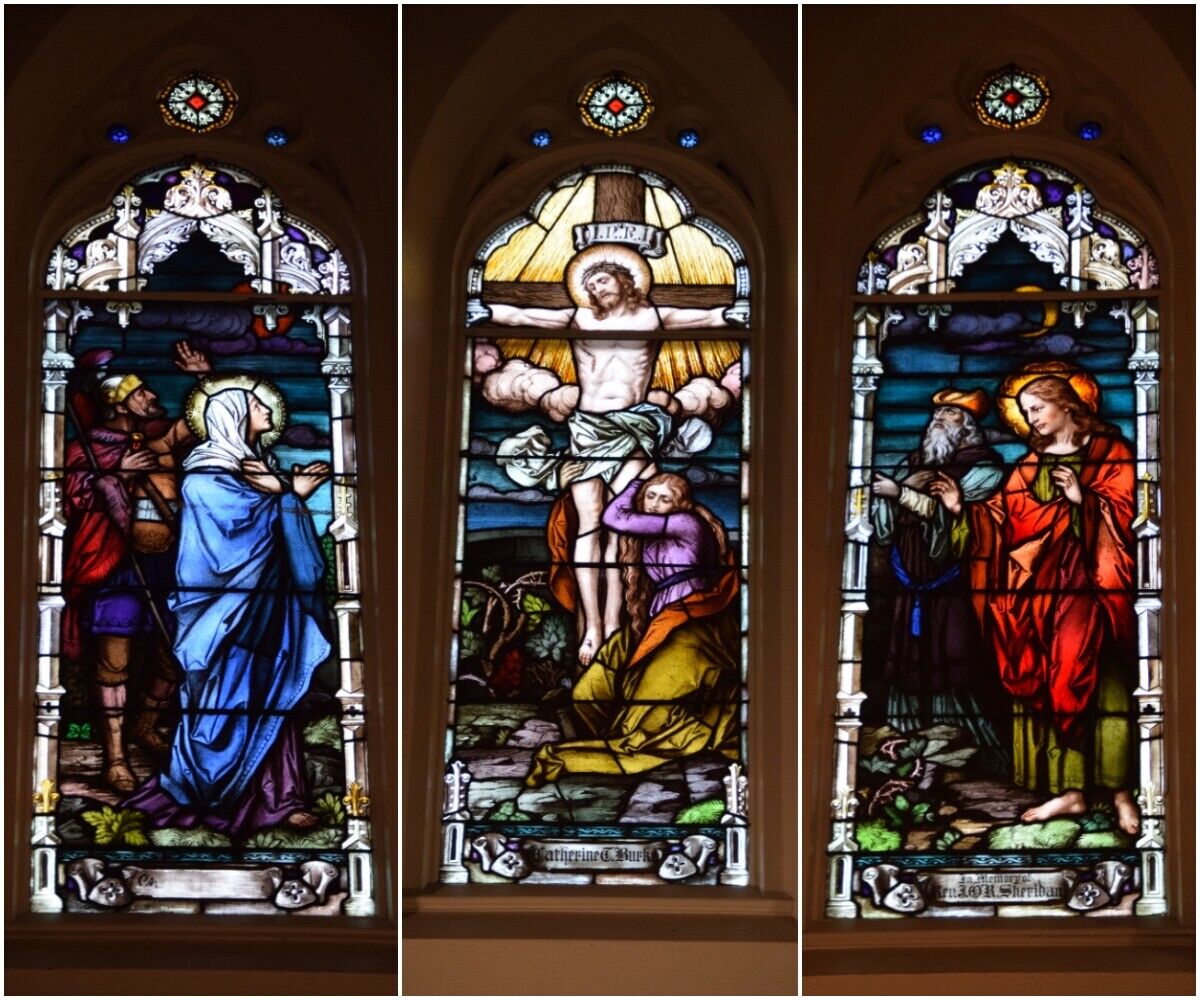 Set of 3 Fine Older German Stained Glass Windows 