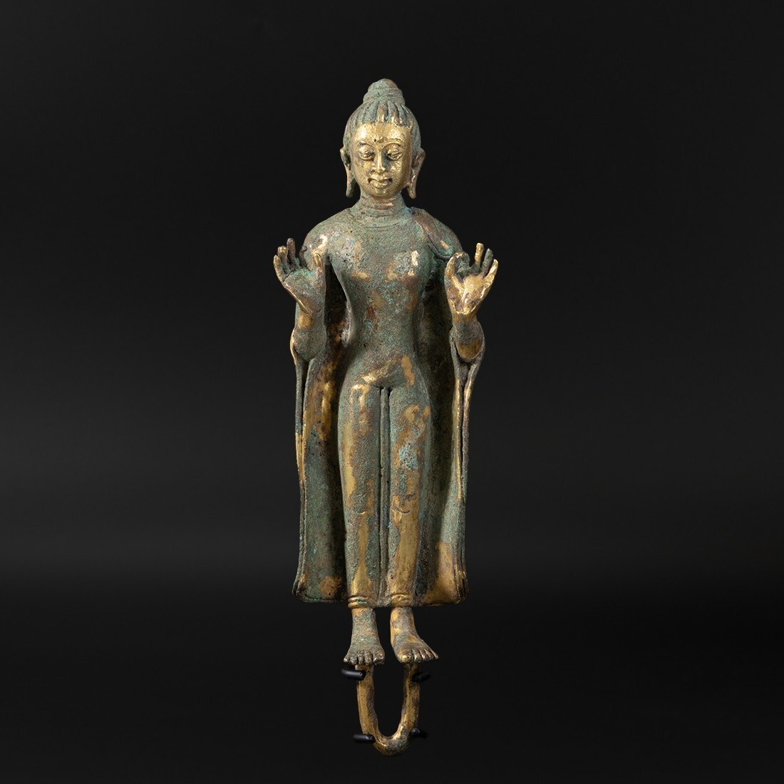 South East Asian Antique Gilt Bronze Standing Buddha Statue in Abhaya Mudra
