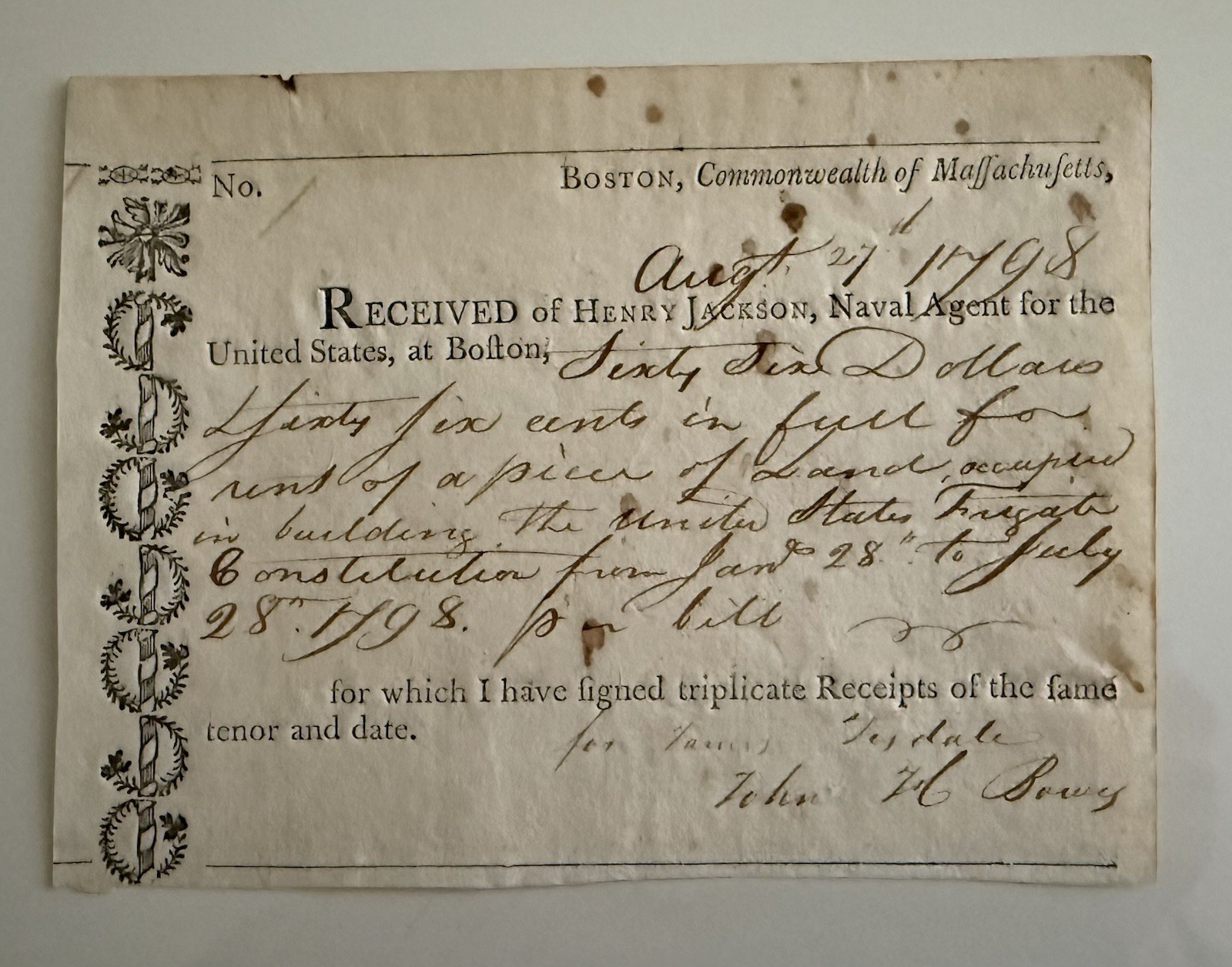 U.S. Navy 1798 receipt connected to the frigate USS Constitution, Old Ironsides. U.S. Navy 1798 receipt connected to the frigate USS Constitution, Old Ironsides.