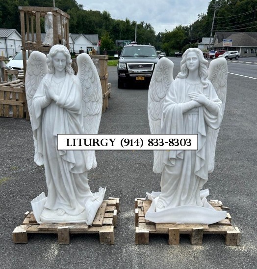 + Pair of White Marble Adoring Angel Church Statues, 48