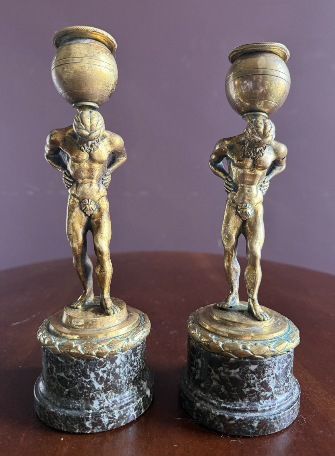 Antique Pair French Empire Gilt Bronze Candle Sticks In The Image Of Atlas.