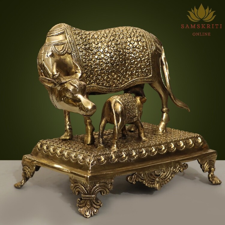 Brass Kamadhenu Cow with calf statue . 10.5 Inch Tall Brass Kamadhenu Cow with calf statue . 10.5 Inch Tall