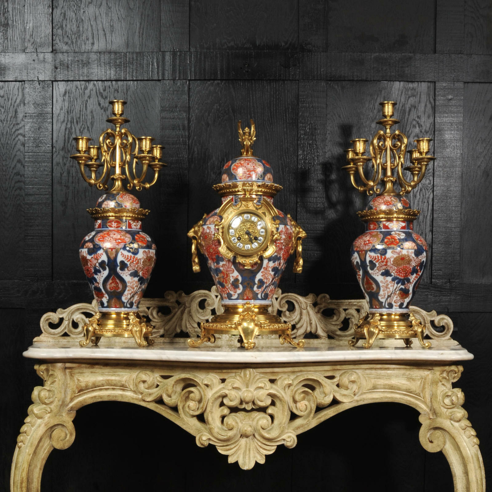 Stunning Ormolu Mounted Imari Porcelain Antique Clock Set C1890 Stunning Ormolu Mounted Imari Porcelain Antique Clock Set C1890