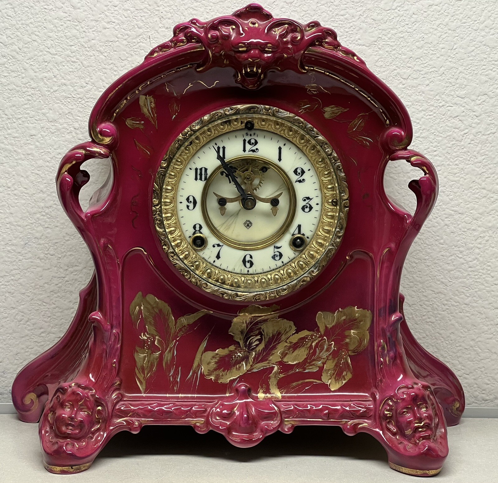 ANSONIA ROYAL BONN LA PLATA GERMAN PORCELAIN ART NOUVEAU ROCOCO OLD MANTEL CLOCK