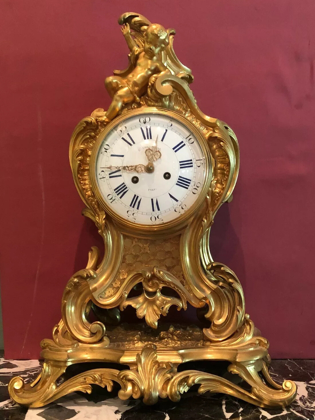 FRENCH ANTIQUE MANTLE CLOCK, MASSIVE GILT BRONZE ROCAILLE , PUTTI. BARBEDIENNE FRENCH ANTIQUE MANTLE CLOCK, MASSIVE GILT BRONZE ROCAILLE , PUTTI. BARBEDIENNE