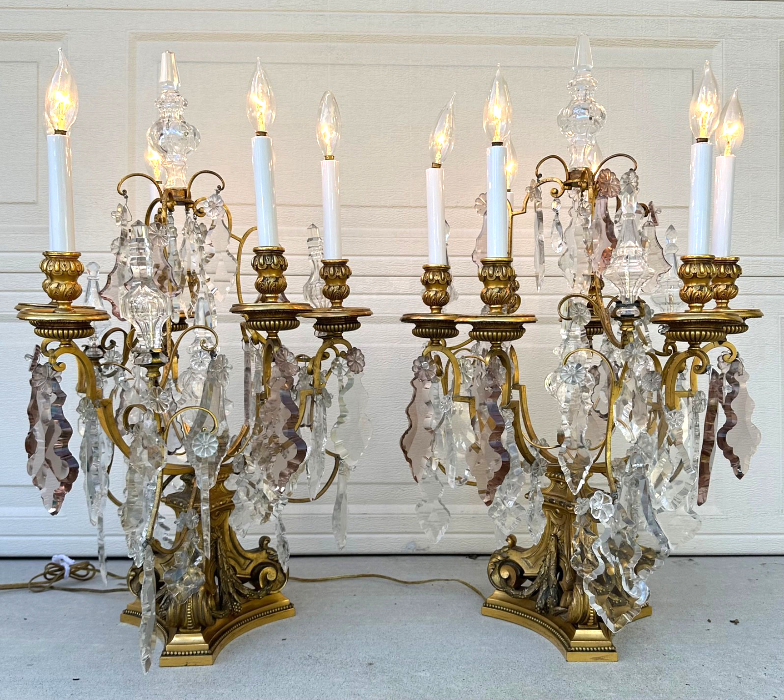 Pair 19th C. E.F. Caldwell Gilt Bronze & Baccarat Crystal Girandole Table Lamps Pair 19th C. E.F. Caldwell Gilt Bronze & Baccarat Crystal Girandole Table Lamps