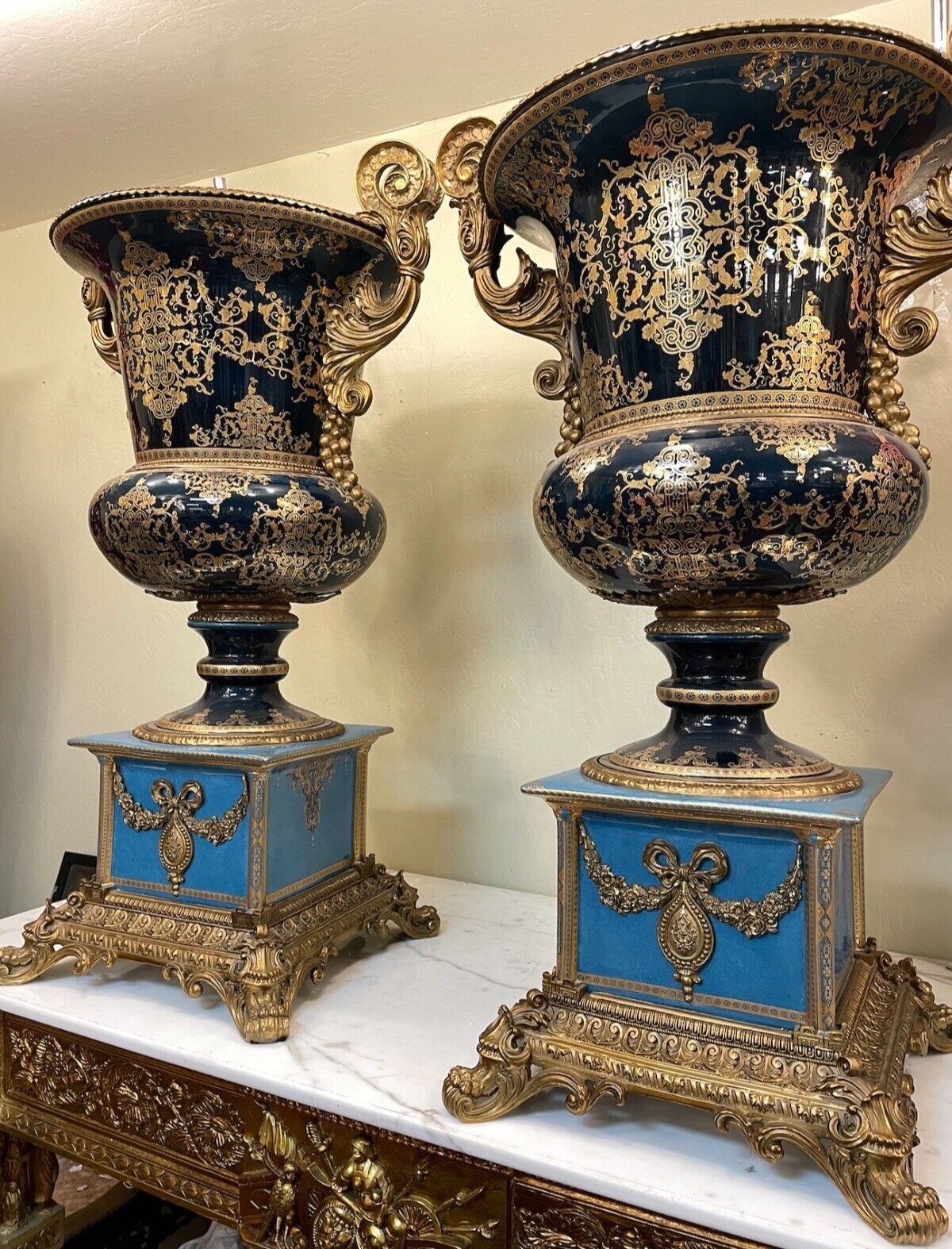 Spectacular Large Pair of Porcelain, 24k Gold Leaf Bronze Vases
