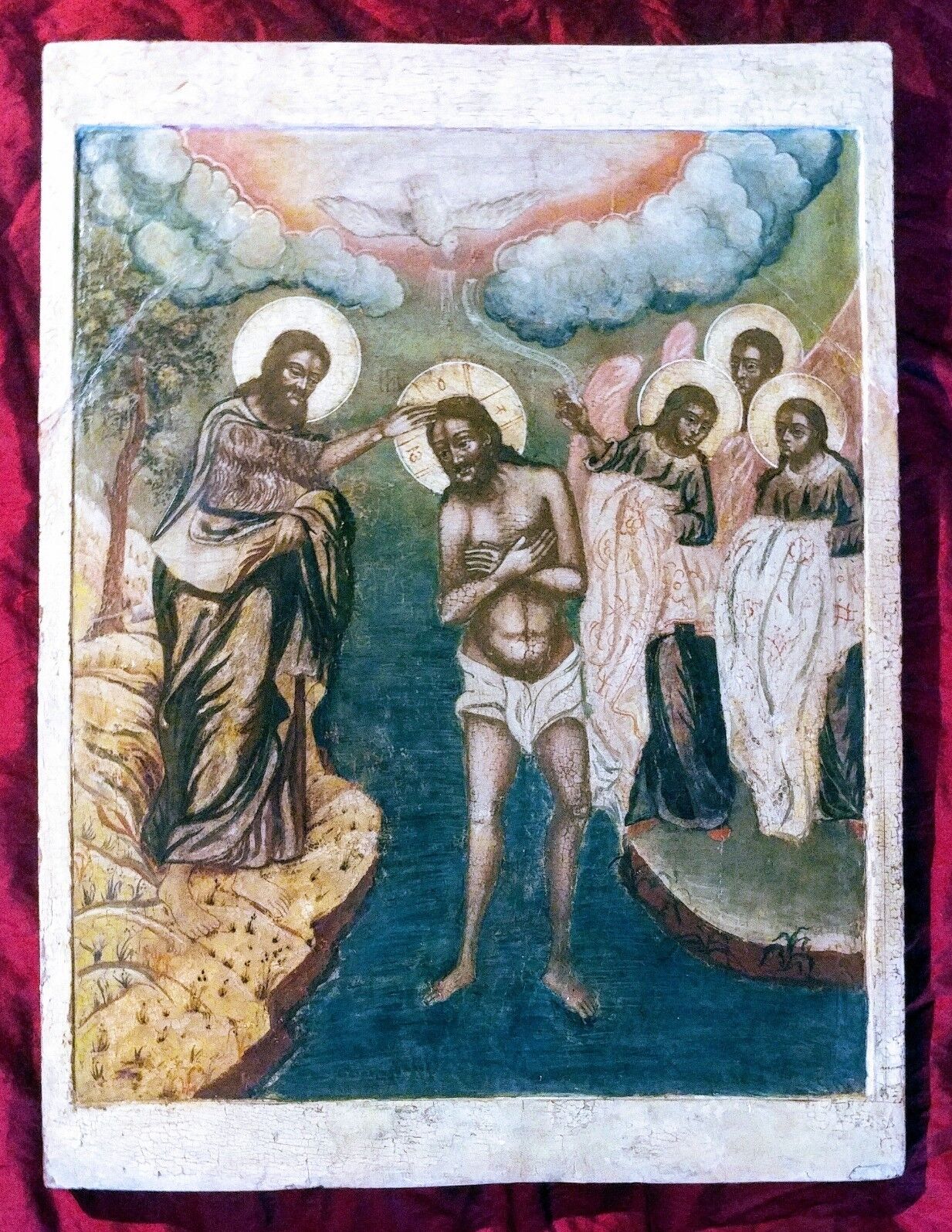 ANTIQUE 17C MONUMENTAL RUSSIAN HAND PAINTED ICON  BAPTISM OF THE  CHRIST KOVCHEG