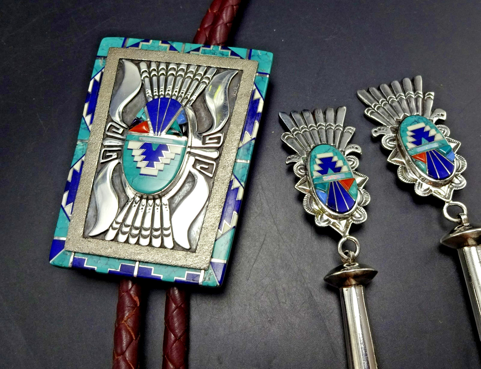 NAVAJO Abraham Begay MUSEUM QUALITY Turquoise Lapis Inlay BOLO Sterling Silver