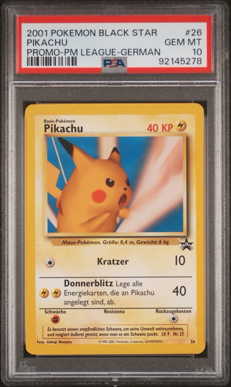 2001 PROMO BLACK STAR #26 PIKACHU PROMO-PM LEAGUE-GERMAN German PSA 10 *POP 1*