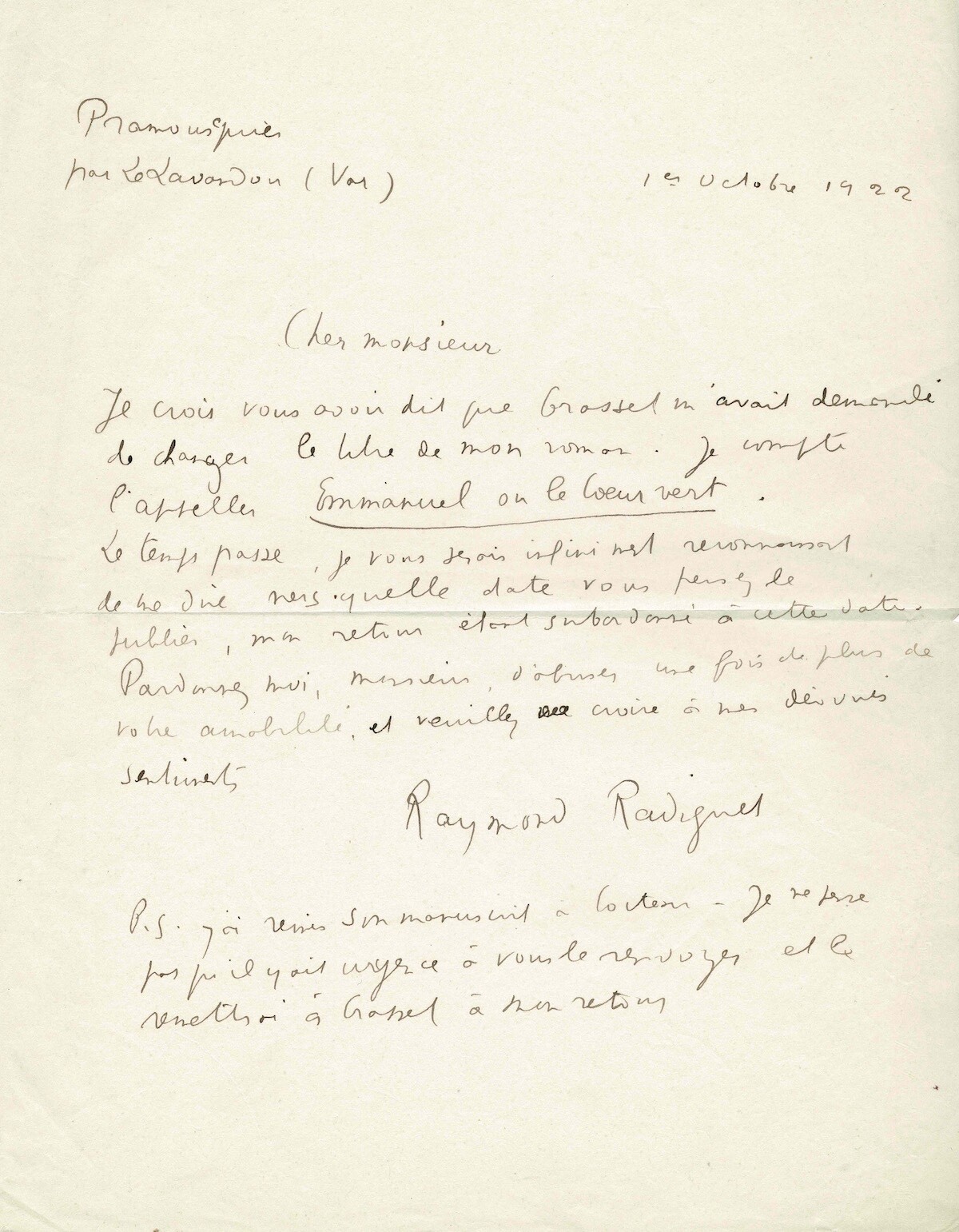 Raymond RADIGUET - Signed Autograph Letter. The title of 