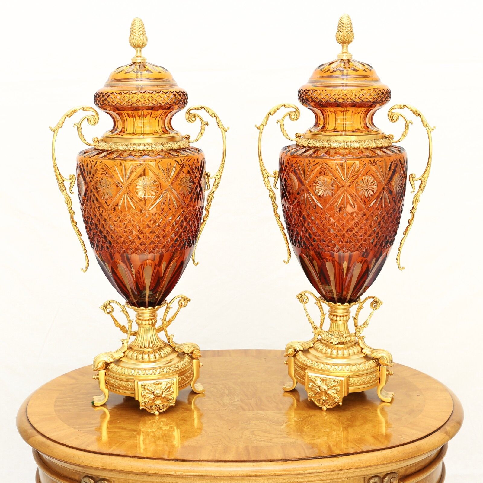 Amber Crystal Italian Vases, Magnificent, Museum Collection hand cut pair. 