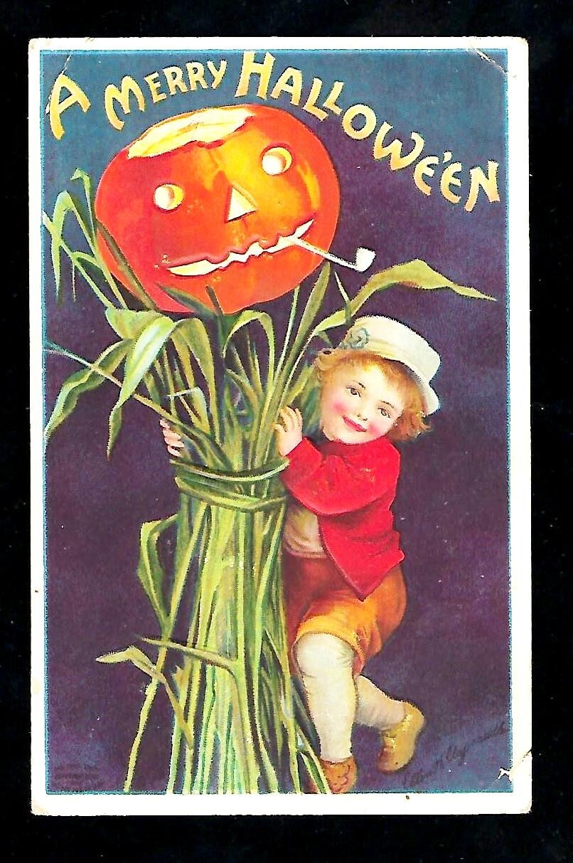 c1910 Singed Clapsaddle Halloween Postcard Boy With HayStack Pumpkin & Pipe c1910 Singed Clapsaddle Halloween Postcard Boy With HayStack Pumpkin & Pipe