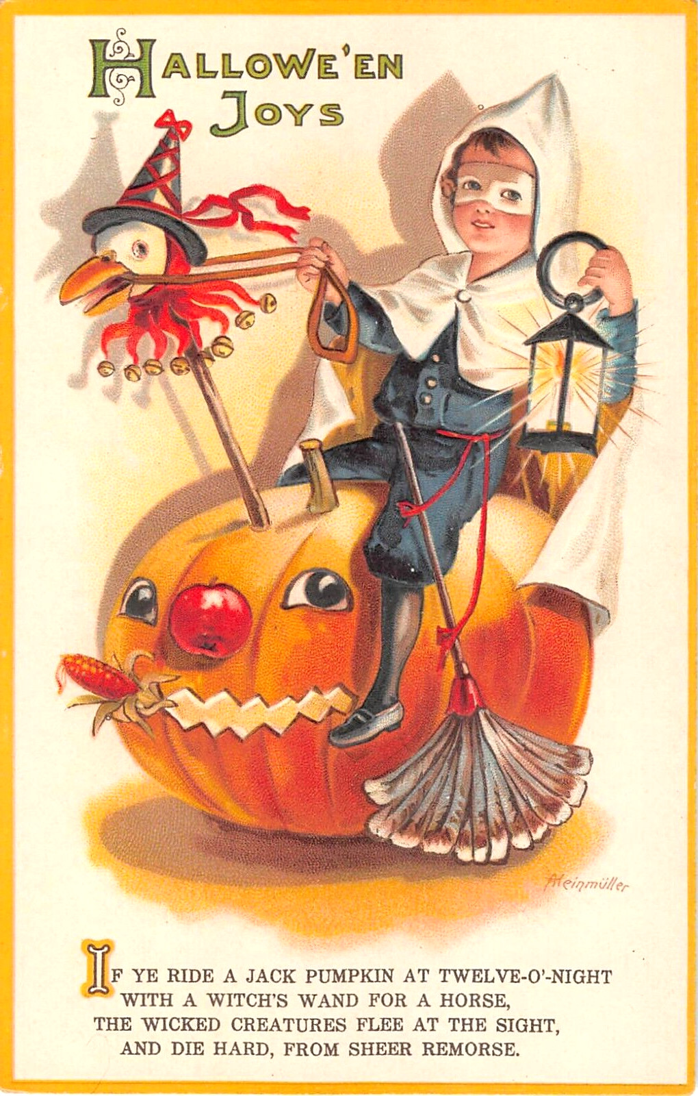 c.1910 sgd. A. Heinmuller Boy Sitting on Jack O' Lantern Halloween postcard c.1910 sgd. A. Heinmuller Boy Sitting on Jack O' Lantern Halloween postcard