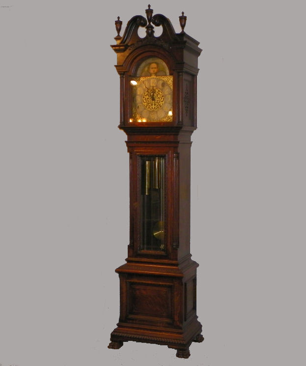 Antique Oak Grandfather Clock with carved claw foot John Wanamaker, New York
