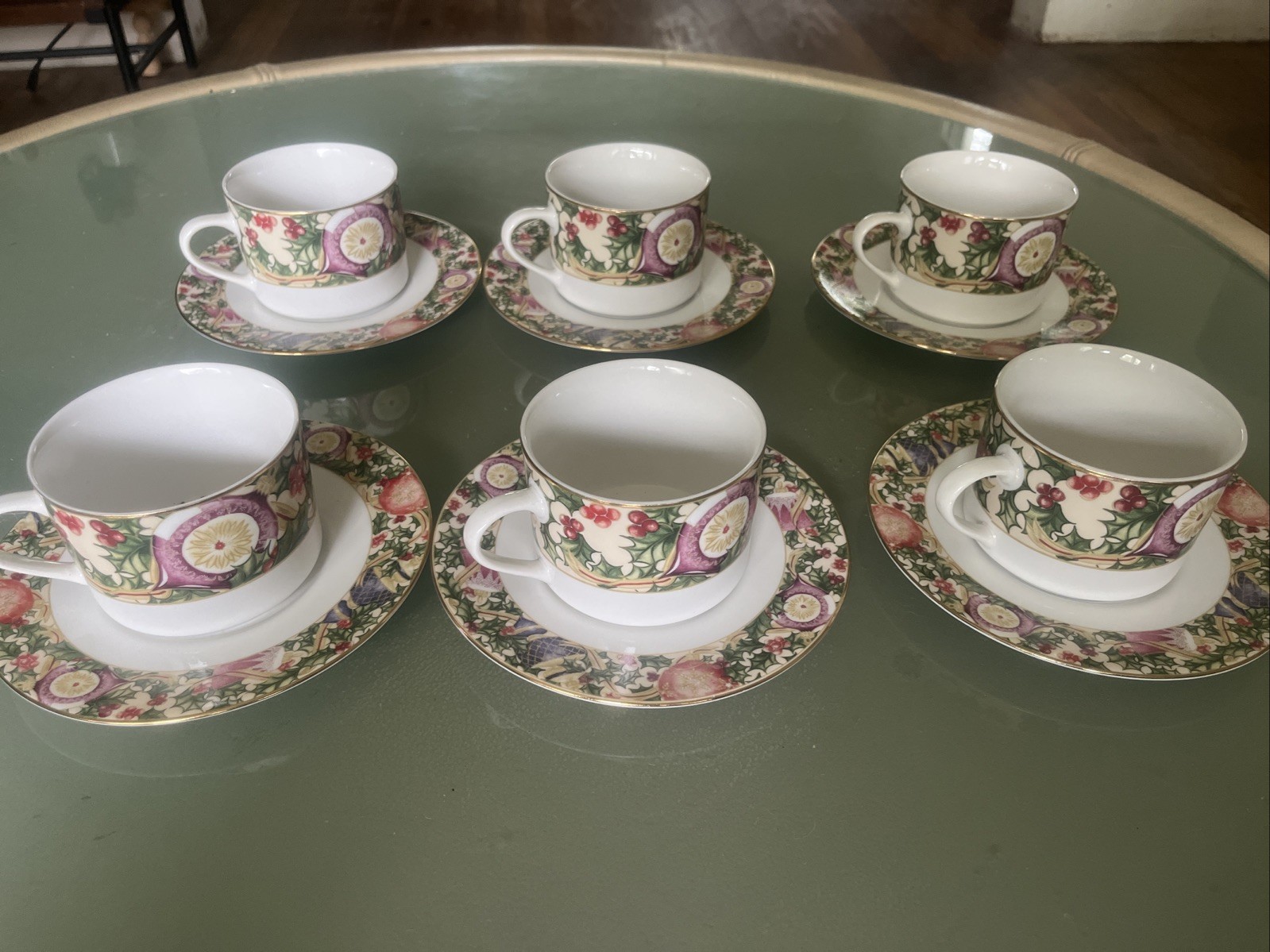 Set Of 6 American Atelier  Ornaments #5105 Flat Teacups And Saucers. Scarce