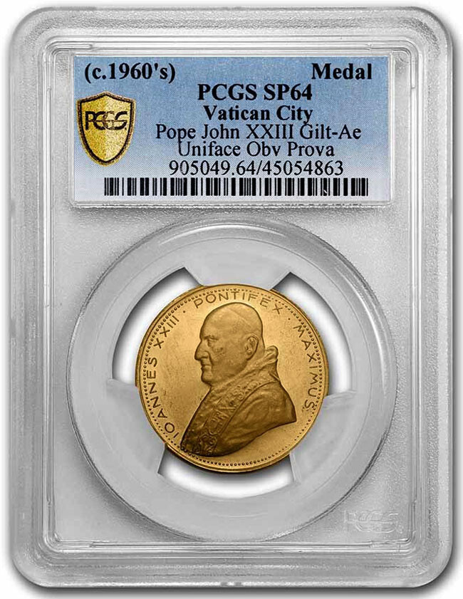 1960s ERA SP-64 TRIAL POPE JOHN XXIII GILT MEDAL VATICAN CITY ISSUE PCGS GRADED 1960s ERA SP-64 TRIAL POPE JOHN XXIII GILT MEDAL VATICAN CITY ISSUE PCGS GRADED