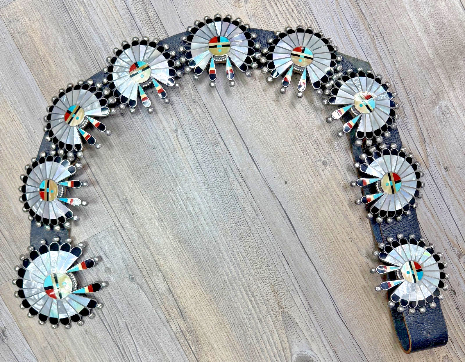 Myra Tucson Zuni Native American Sunface Leather Belt-Sterling Silver MOB Inlay Myra Tucson Zuni Native American Sunface Leather Belt-Sterling Silver MOB Inlay