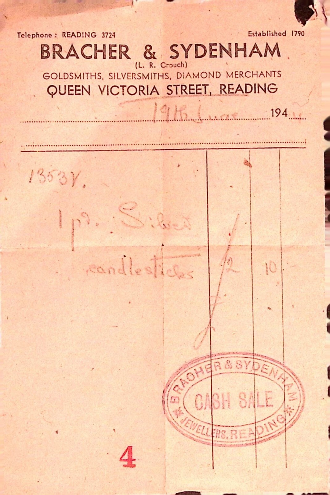 Bracher & Sydenham Reading UK Goldsmith Invoice Receipt 1946 Silver Candlesticks Bracher & Sydenham Reading UK Goldsmith Invoice Receipt 1946 Silver Candlesticks