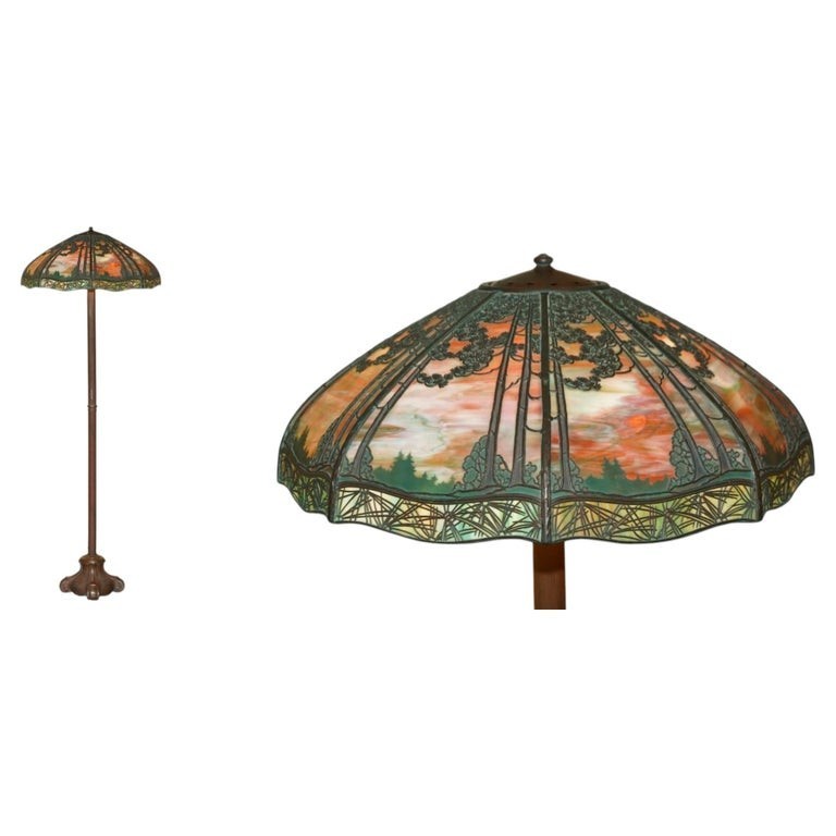 ORIGINAL ANTIQUE BRONZE STAINED GLASS HANDEL SUNSET OVER PINE TREES FLOOR LAMP ORIGINAL ANTIQUE BRONZE STAINED GLASS HANDEL SUNSET OVER PINE TREES FLOOR LAMP