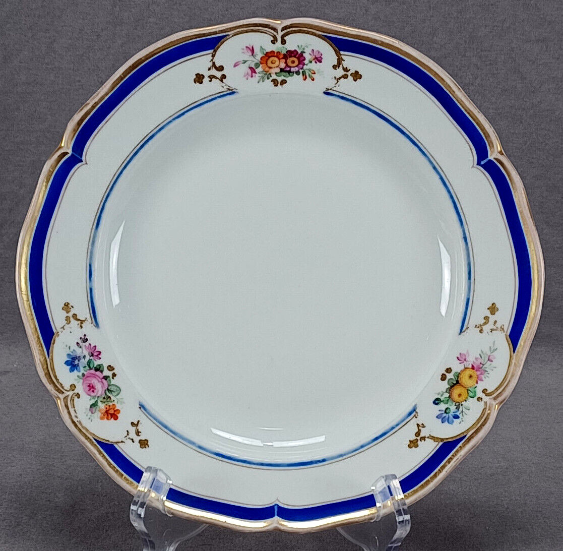 KPM Berlin Hand Painted Floral Cobalt & Gold Border 8 1/4 Inch Plate C. 1840s B KPM Berlin Hand Painted Floral Cobalt & Gold Border 8 1/4 Inch Plate C. 1840s B