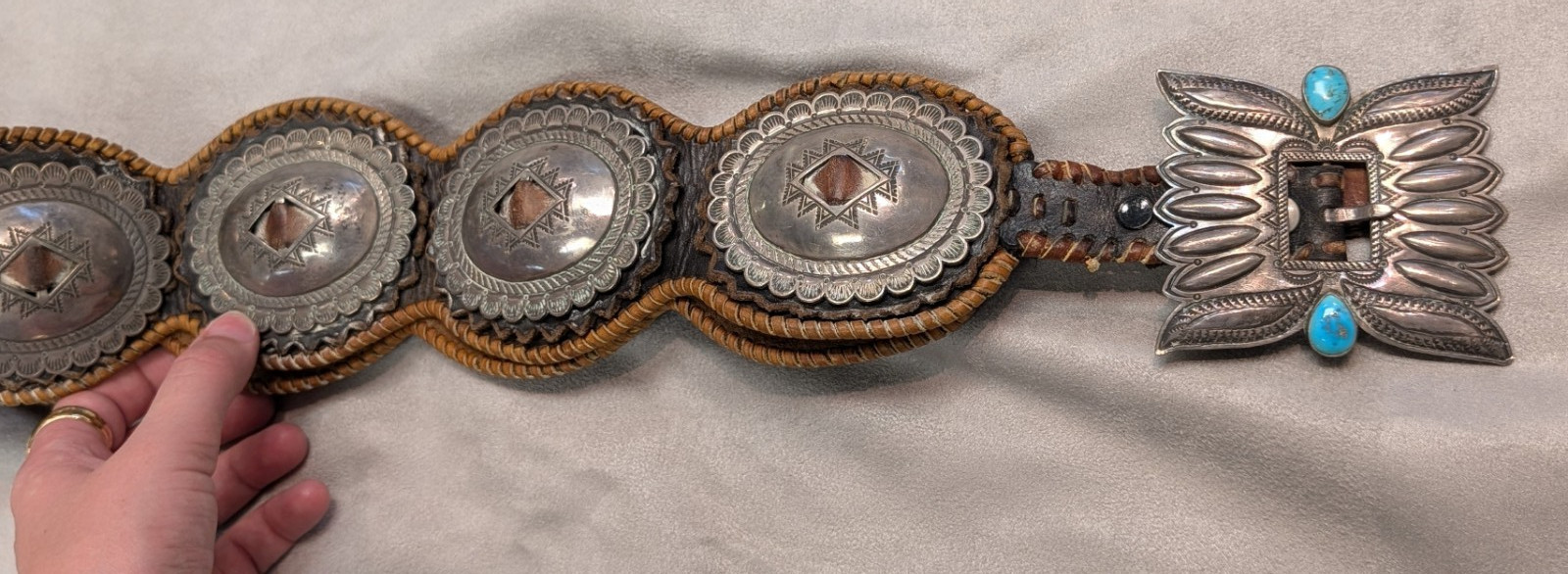 INCREDIBLE 1930s/1940s Old Pawn Sterling Leather Concho Belt, Turquoise Buckle INCREDIBLE 1930s/1940s Old Pawn Sterling Leather Concho Belt, Turquoise Buckle