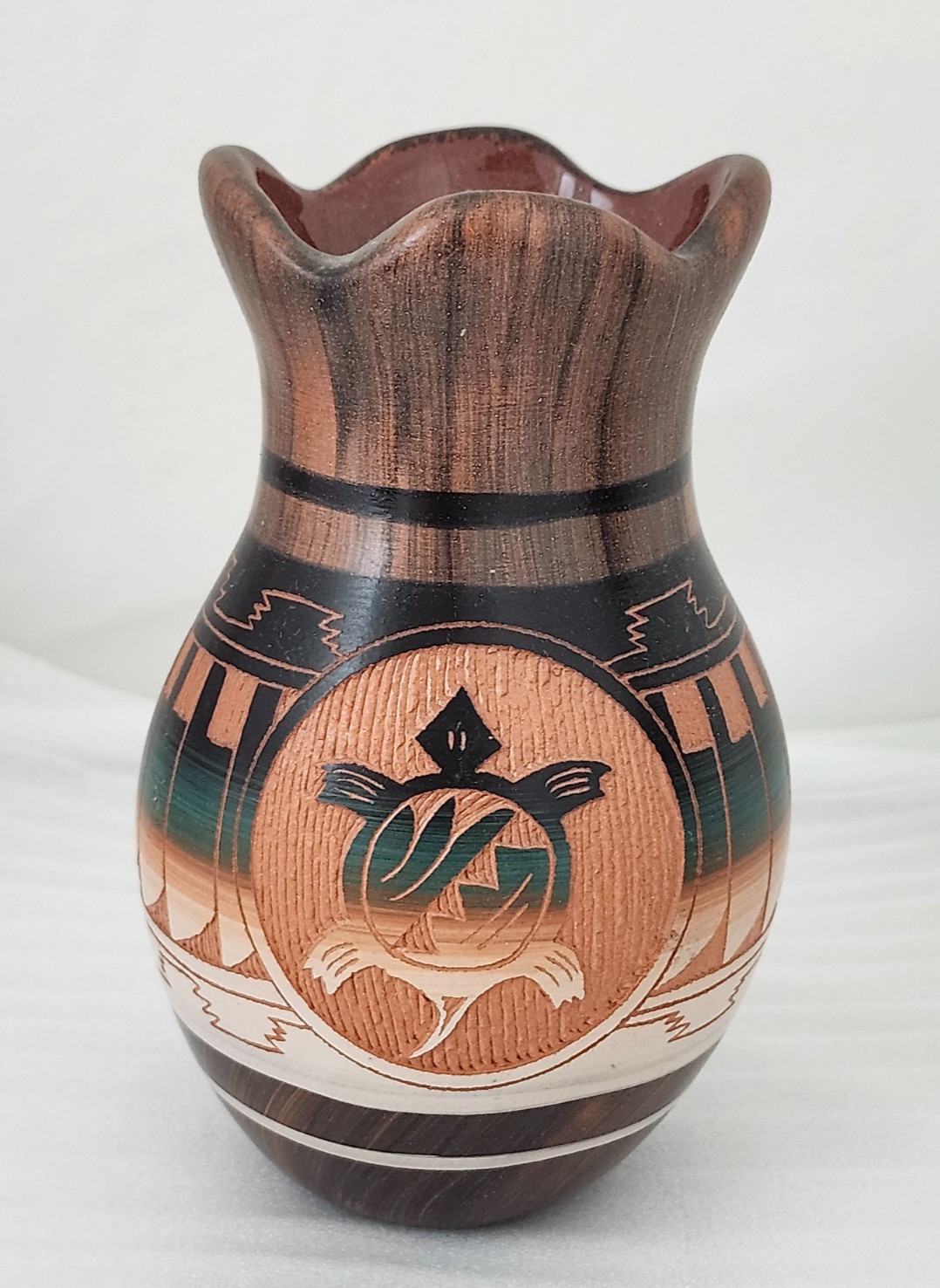 Vtg Mitchell Blackhorse Vase Etched Pottery Turtle Carved Signed Dineh Navajo