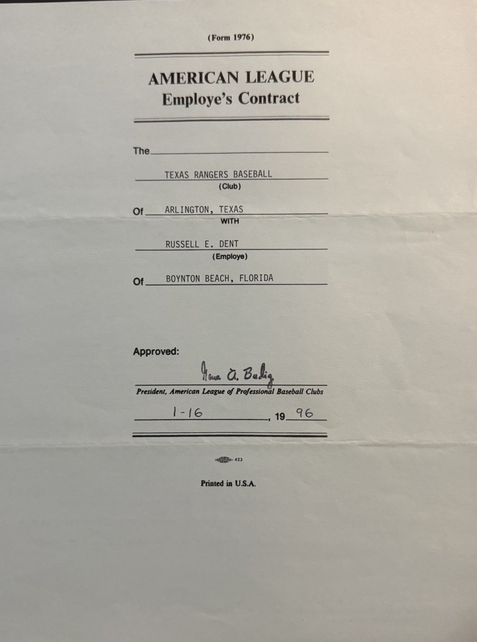 Bucky Dent Signed 1996 Texas Rangers MLB Contract - Bench Coach - Baseball
