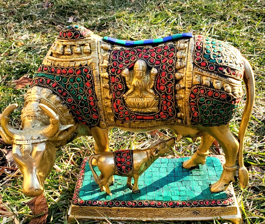 Brass Kamadhenu 11 in Cow Calf Statue with Stonework, Brass Kamdhenu Cow