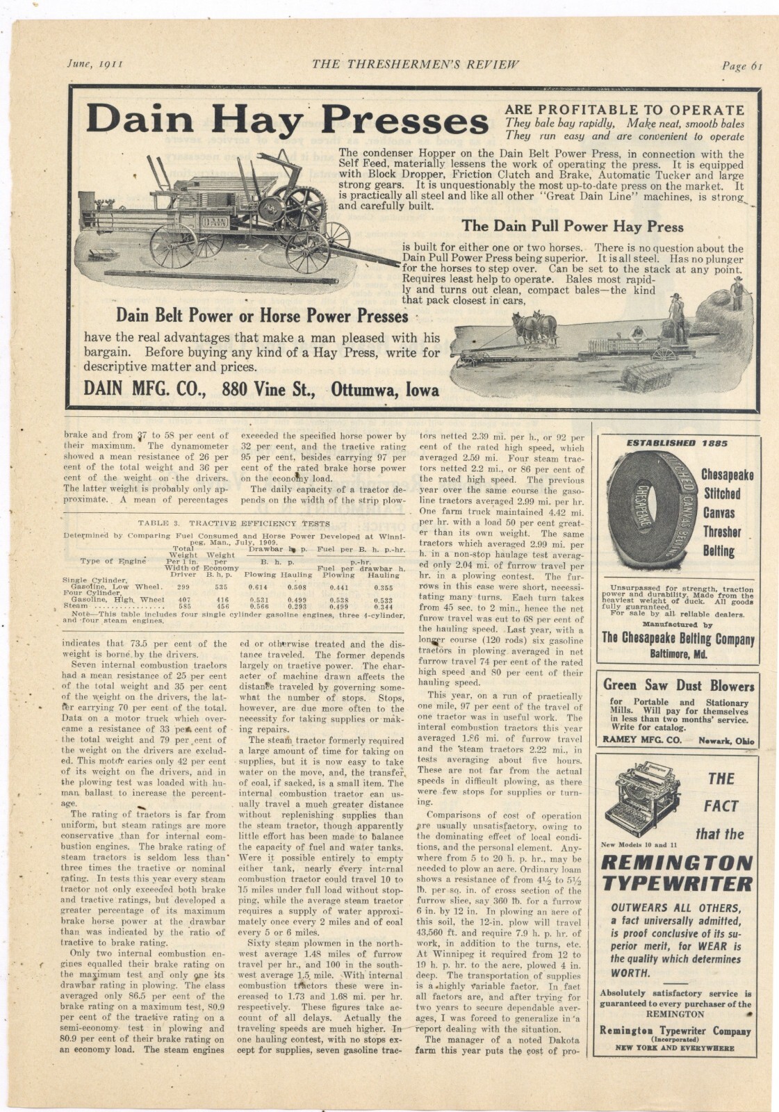 1911 Dain Mfg. Co. Ad: Belt or Horse Power Hay Press - Ottumwa, Iowa