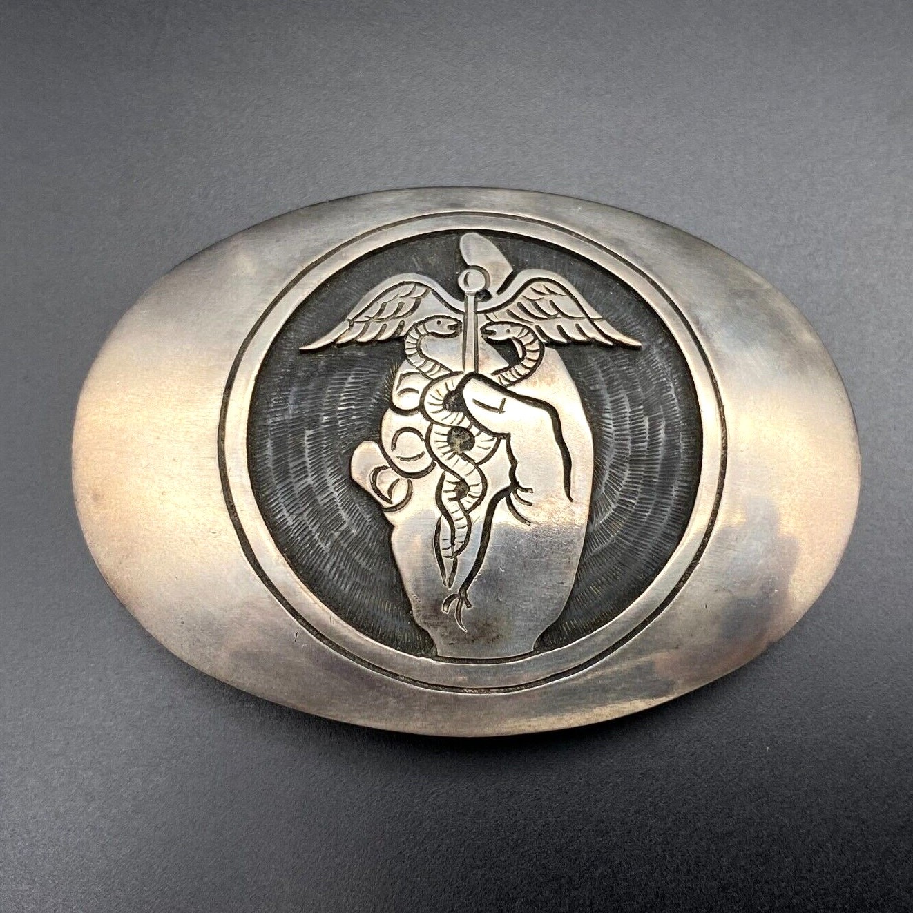 Vintage Hopi Roy Talaheftewa Hermes Caduceus Sterling Silver Belt Buckle 1-1/8