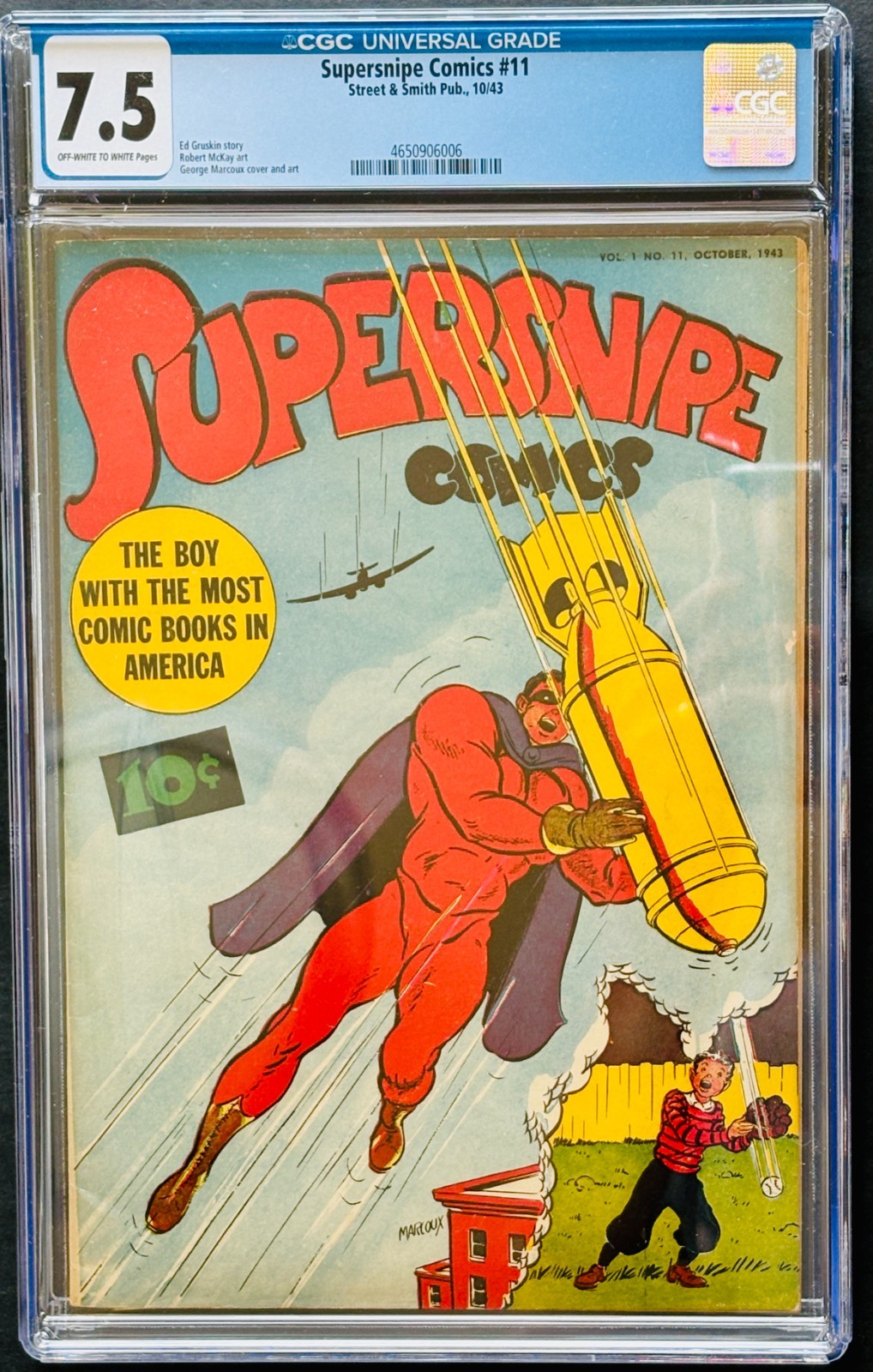 Supersnipe Comics #11 CGC 7.5 VF- 1943 Golden Age WWII Bomb Cover Street & Smith