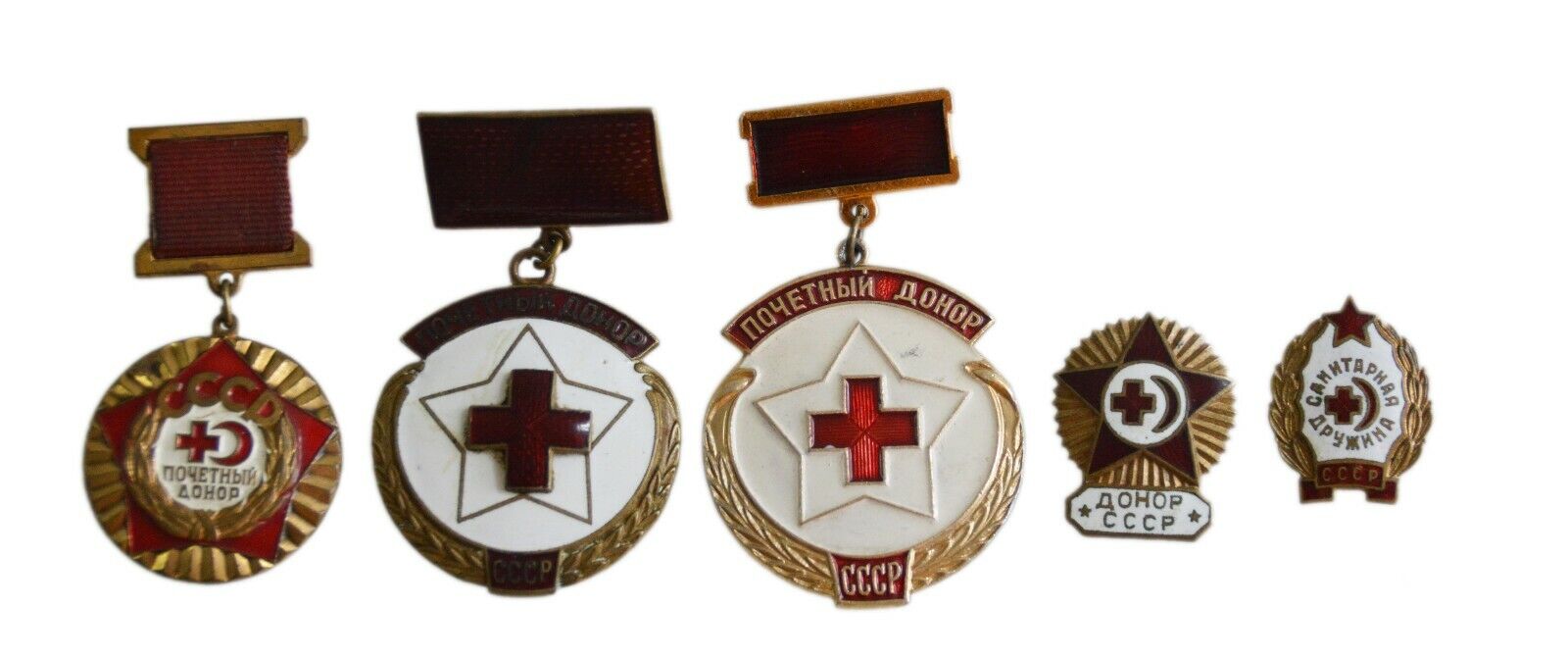Vintage Set 5 Badges Red Cross Blood Donor Pin Soviet Russian USSR Variety