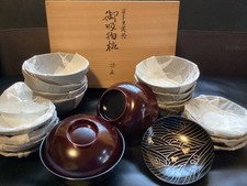 Echizen Lacquerware Kumejiro Wave Plover Soup Bowls Set of 10 Hand-painted Elega picture