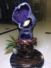 Natural Unique Triple Hole Amethyst Calcite Root Carved Wood Stand Lucky Crystal picture