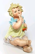  Vintage Conta Boehme BISQUE Porcelain PIANO Baby Figurine GIRL with Fruit 14.5