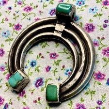 1880s Naja Pendant Green & Blue Turquoise RARE Era Navajo Early Old Ingot Silver picture