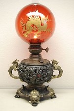 ANTIQUE GILT DRAGON KEROSENE OIL CHINESE JAPANESE LAMP CRANBERRY GLASS SHADE OLD picture