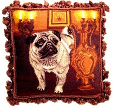 Pug Dog Pillow Needlepoint Fringed Pillow NWT Lg 16” x 16” picture