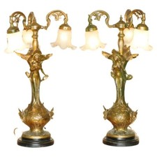 STUNNING PAIR OF LARGE VINTAGE ART NOUVEAU BRONZED THREE BRANCH TABLE LAMPS picture