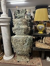 62” Tall Carved Pair Of Jade Chinese Lidded Vases Huge Dragon Motif picture