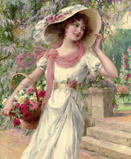Oil painting Emile Vernon The Flower Garden nice girl & basket flowers landscape picture