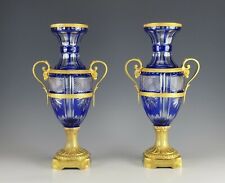 Fine 19C Pair Russian or French Cobalt Cut to Clear Crystal Vases Gilt Bronze picture